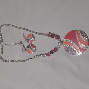 🌹Pink silver KC rhinestone pendant necklace & earrings